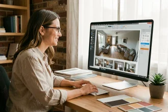 Femme utilisant un simulateur de décoration intérieure sur ordinateur dans un bureau à domicile moderne