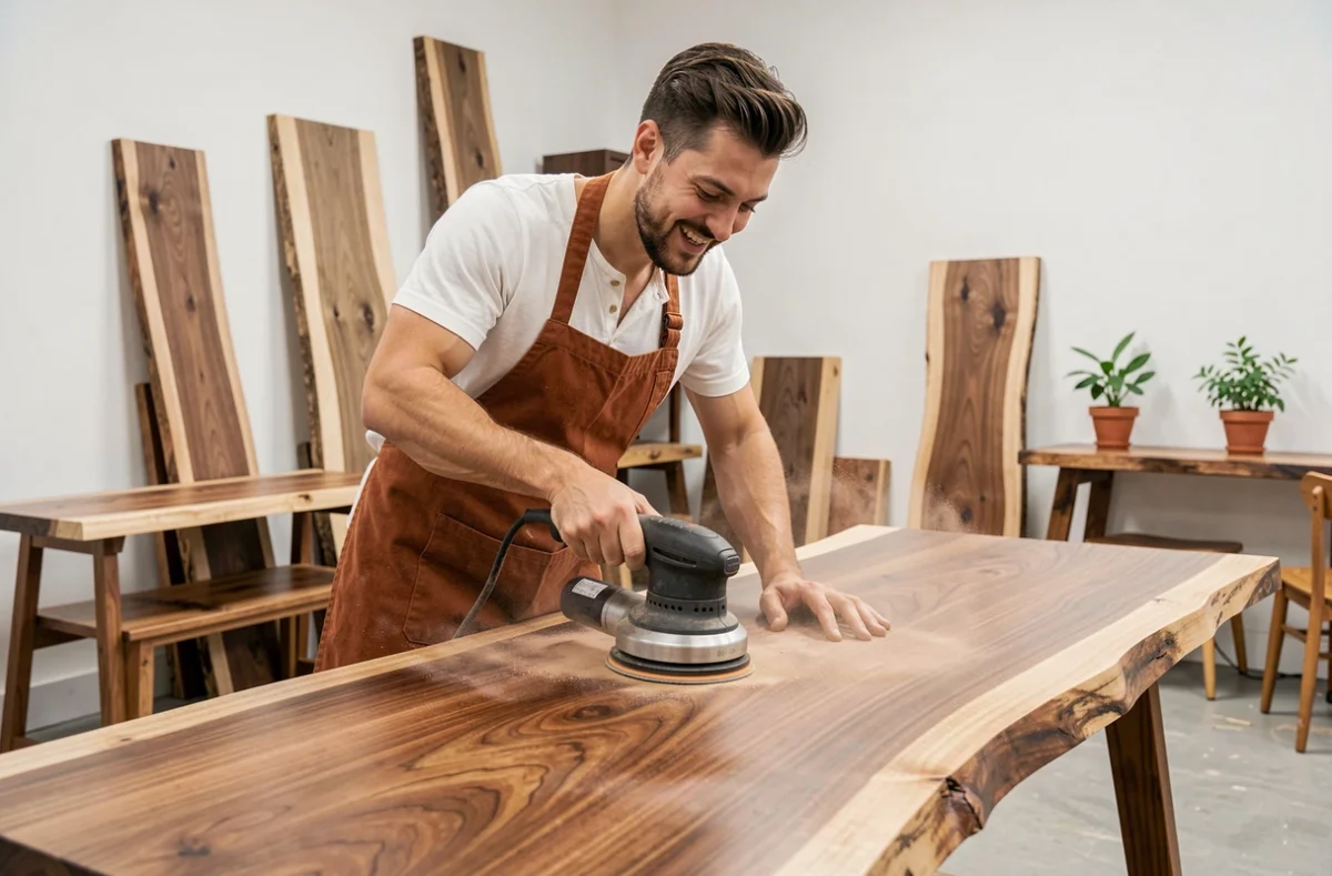 Artisan de So Wood So Good ponçant une table en noyer massif bord naturel dans un studio de menuiserie contemporain
