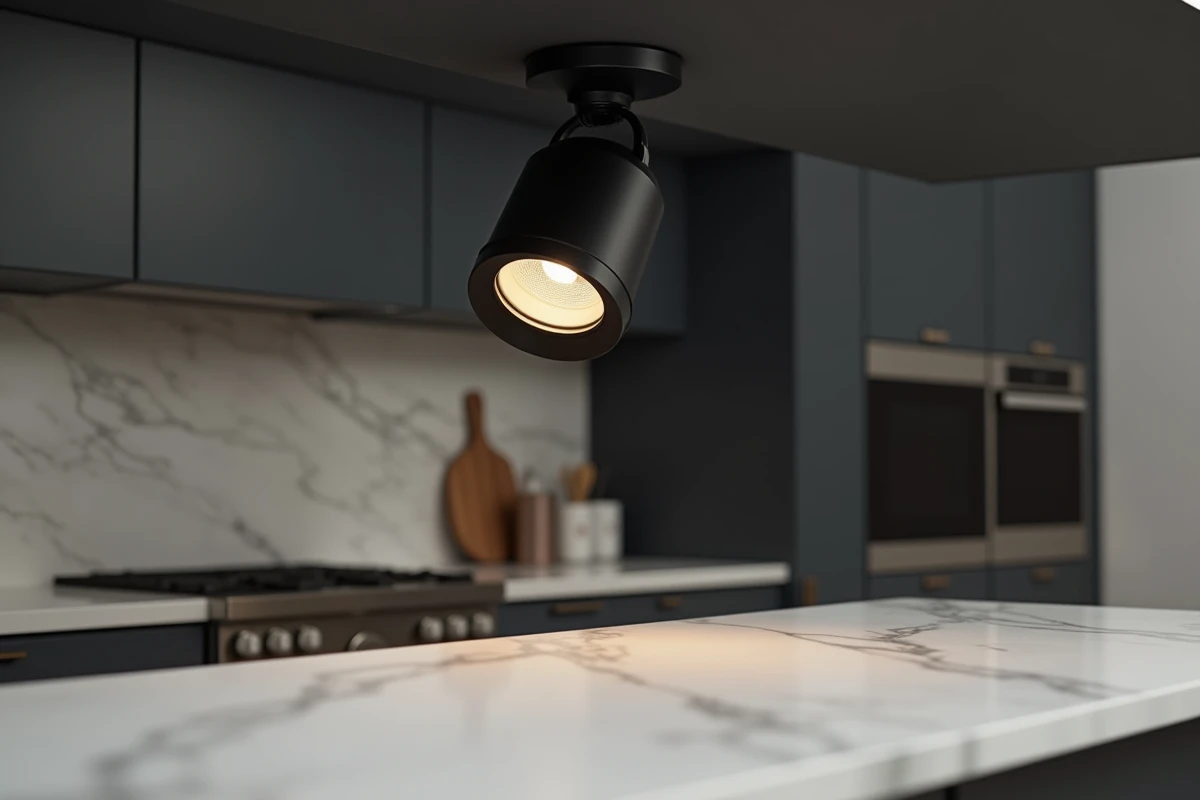 Gros plan sur un spot encastrable orientable noir mat dans une cuisine avec plan de travail en marbre