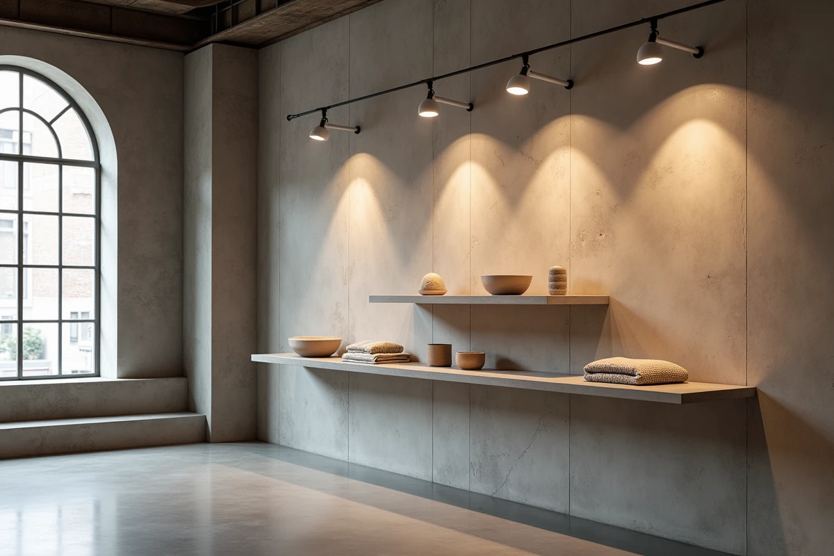 Rangée de spots encastrables orientables dans une boutique de décoration mettant en valeur des étagères murales
