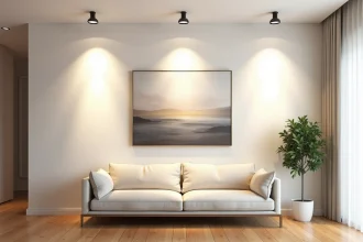 Spots encastrables orientables au plafond d'un salon moderne mettant en valeur un tableau abstrait