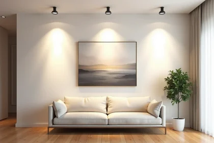 Spots encastrables orientables au plafond d'un salon moderne mettant en valeur un tableau abstrait
