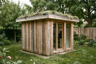 Studio de jardin Greenkub en bois avec toit végétalisé intégré dans un jardin résidentiel verdoyant