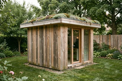 Studio de jardin Greenkub en bois avec toit végétalisé intégré dans un jardin résidentiel verdoyant