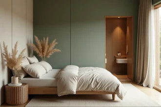 Suite parentale zen de 15m2 avec murs vert sauge, literie en lin beige et bois de chêne naturel