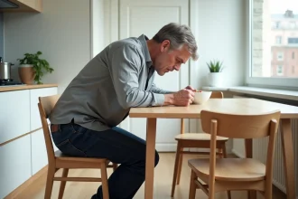Homme de grande taille assis inconfortablement à une table à manger standard trop basse pour sa morphologie