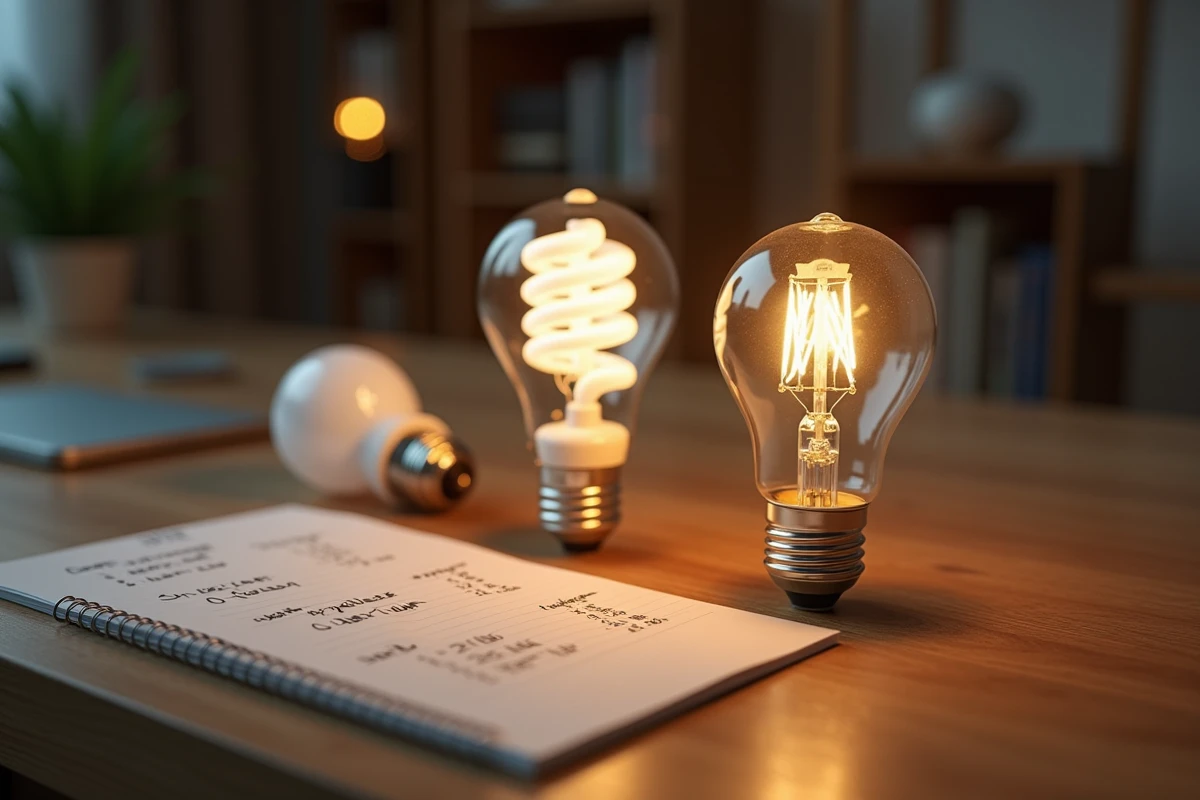 Comparaison de trois types d'ampoules avec tableau d'équivalence watts-lumens sur un bureau en bois