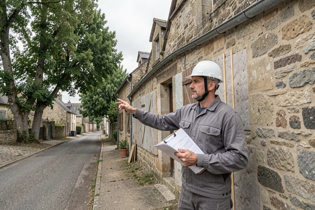 Technicien en isolation vérification des travaux sur une maison en pierre en Mayenne