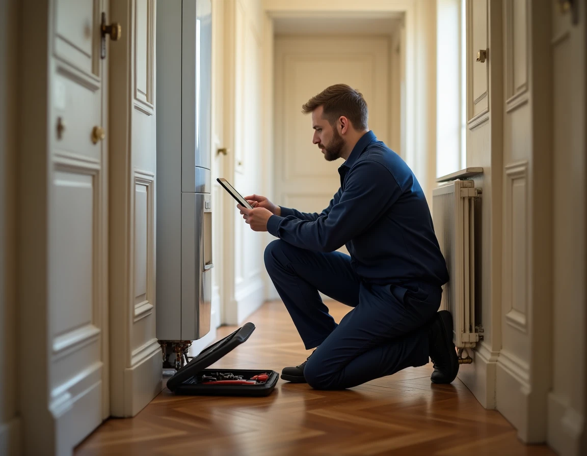 Technicien en uniforme effectuant la maintenance d'une chaudière électrique de chauffage central dans le couloir d'un appartement parisien