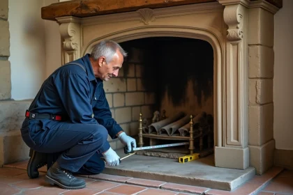 Technicien mesurant le conduit étroit d'une ancienne cheminée en pierre avant l'installation d'un insert à granulés