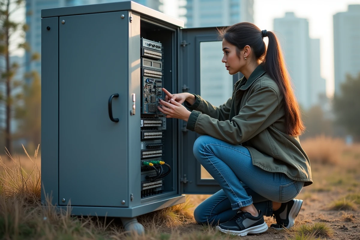 Jeune technicienne réseau inspectant un coffret telecom extérieur