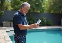 Homme testant l'eau de la piscine dans un jardin privé