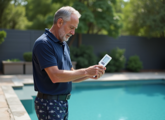 Changement eau piscine : Quand et comment ? L’eau de piscine propre Homme testant l'eau de la piscine dans un jardin privé