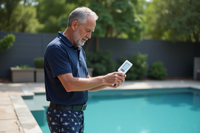 Homme testant l'eau de la piscine dans un jardin privé