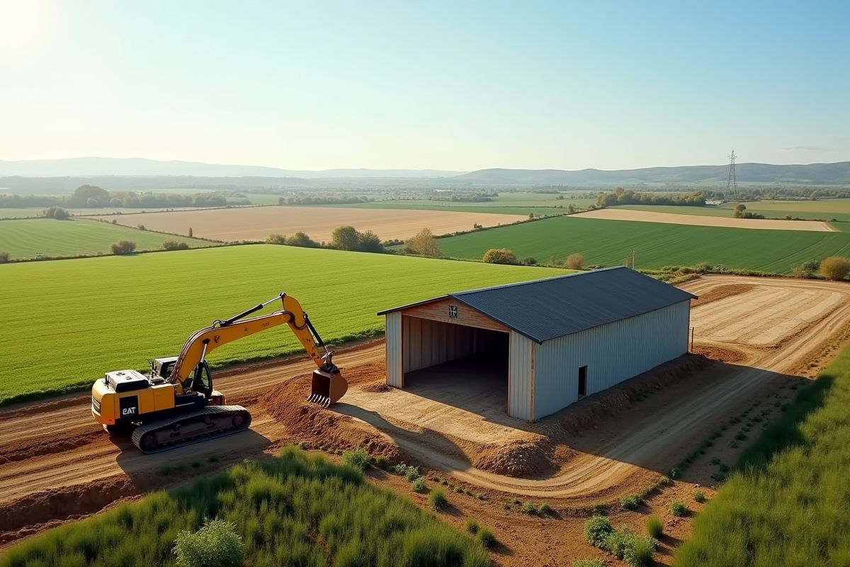 Excavatrice jaune travaillant sur un bâtiment en construction dans un paysage rural