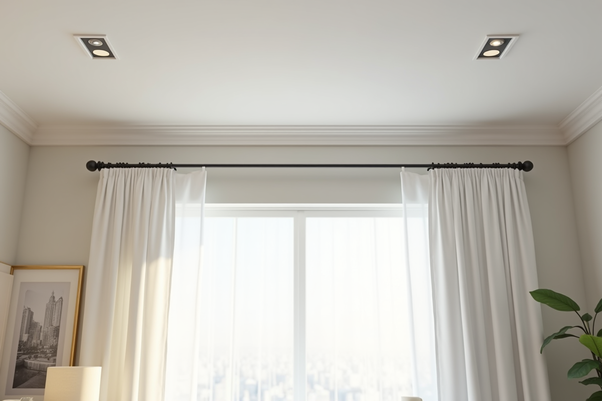 Tringle de plafond avec rideaux blancs élégants dans un intérieur moderne