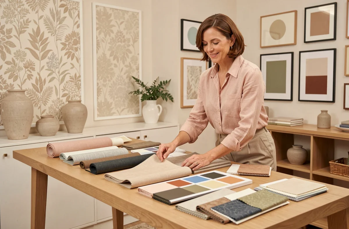 Valérie Pinon Décoration, spécialiste en décoration intérieure dans le 93, présentant des échantillons de tissus et palettes de couleurs