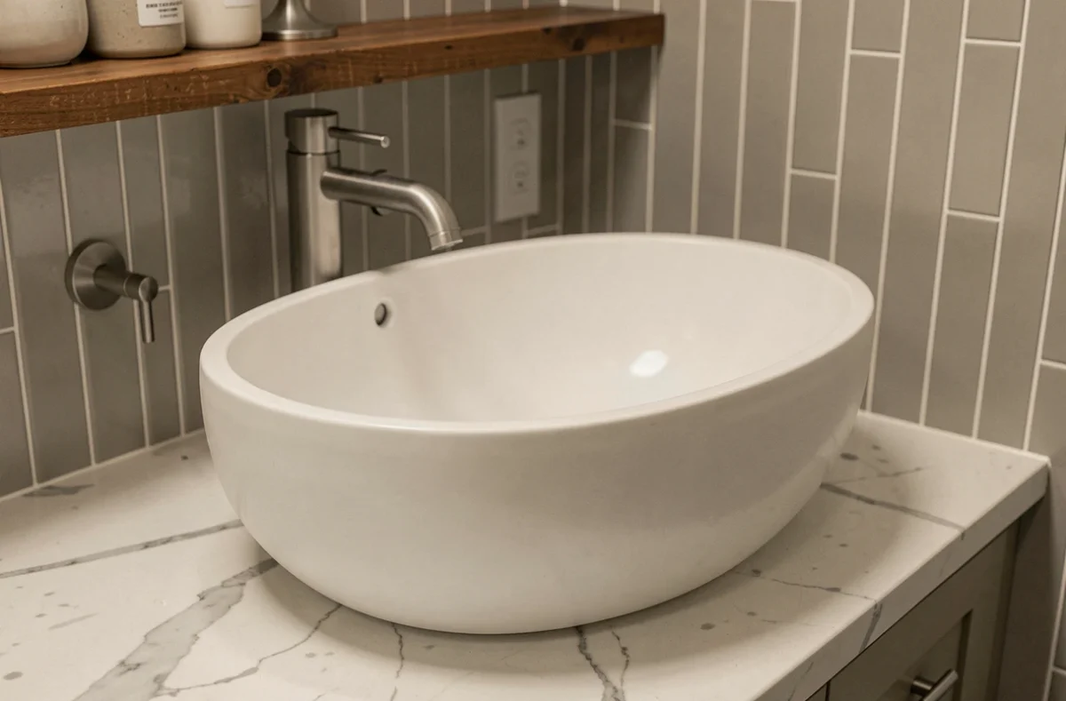 Vasque à poser ovale en porcelaine blanche mate sur plan en quartz effet marbre dans une salle de bain parentale avec carrelage métro beige et robinetterie en nickel brossé