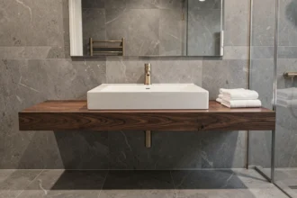 Grande vasque encastrée en céramique blanche intégrée dans un plan de travail en noyer foncé dans une salle de bain parentale moderne aux carreaux gris mats