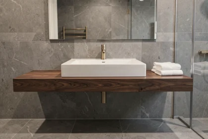 Grande vasque encastrée en céramique blanche intégrée dans un plan de travail en noyer foncé dans une salle de bain parentale moderne aux carreaux gris mats
