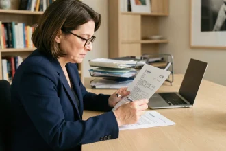 Femme professionnelle vérifiant un contrat d'assurance habitation à son bureau à domicile
