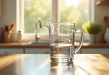Verre mesure 150 ml sur plan de travail en cuisine