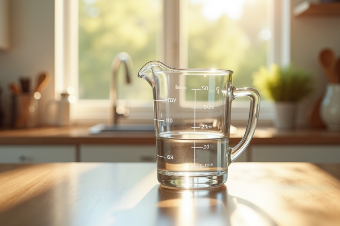 Verre mesure 150 ml sur plan de travail en cuisine