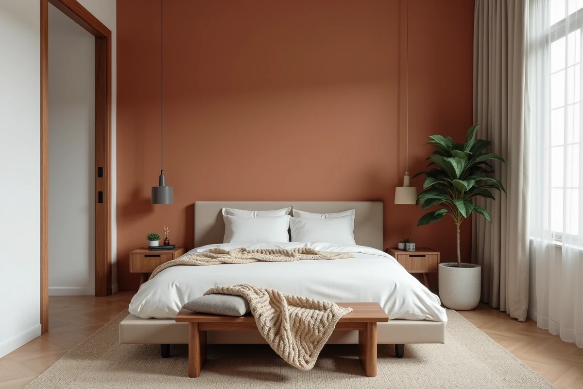 Vue d'ensemble d'une petite suite parentale 15m2 à ambiance zen avec mur terracotta, lin naturel et plante verte